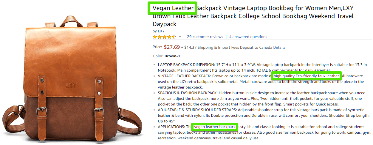 typical vegan leather product description