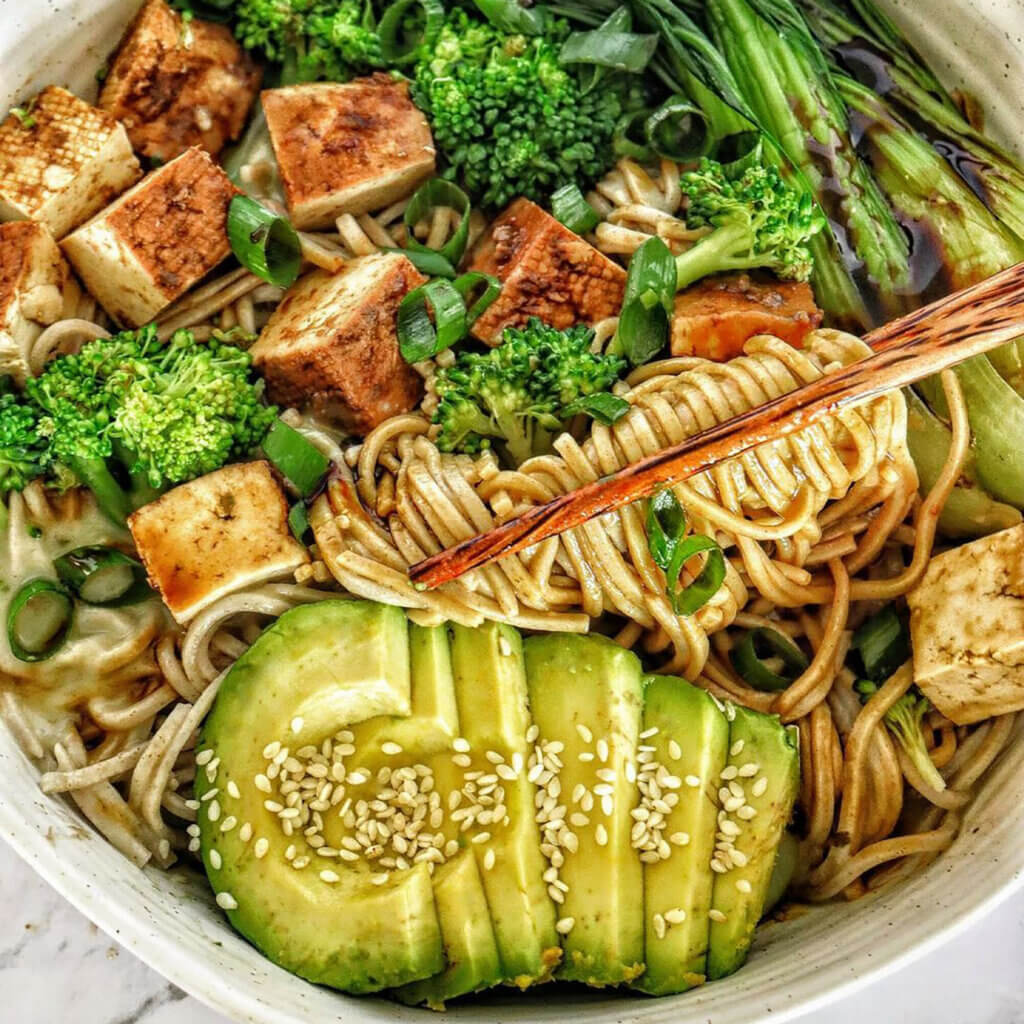 tofu and sesame noodle bowl